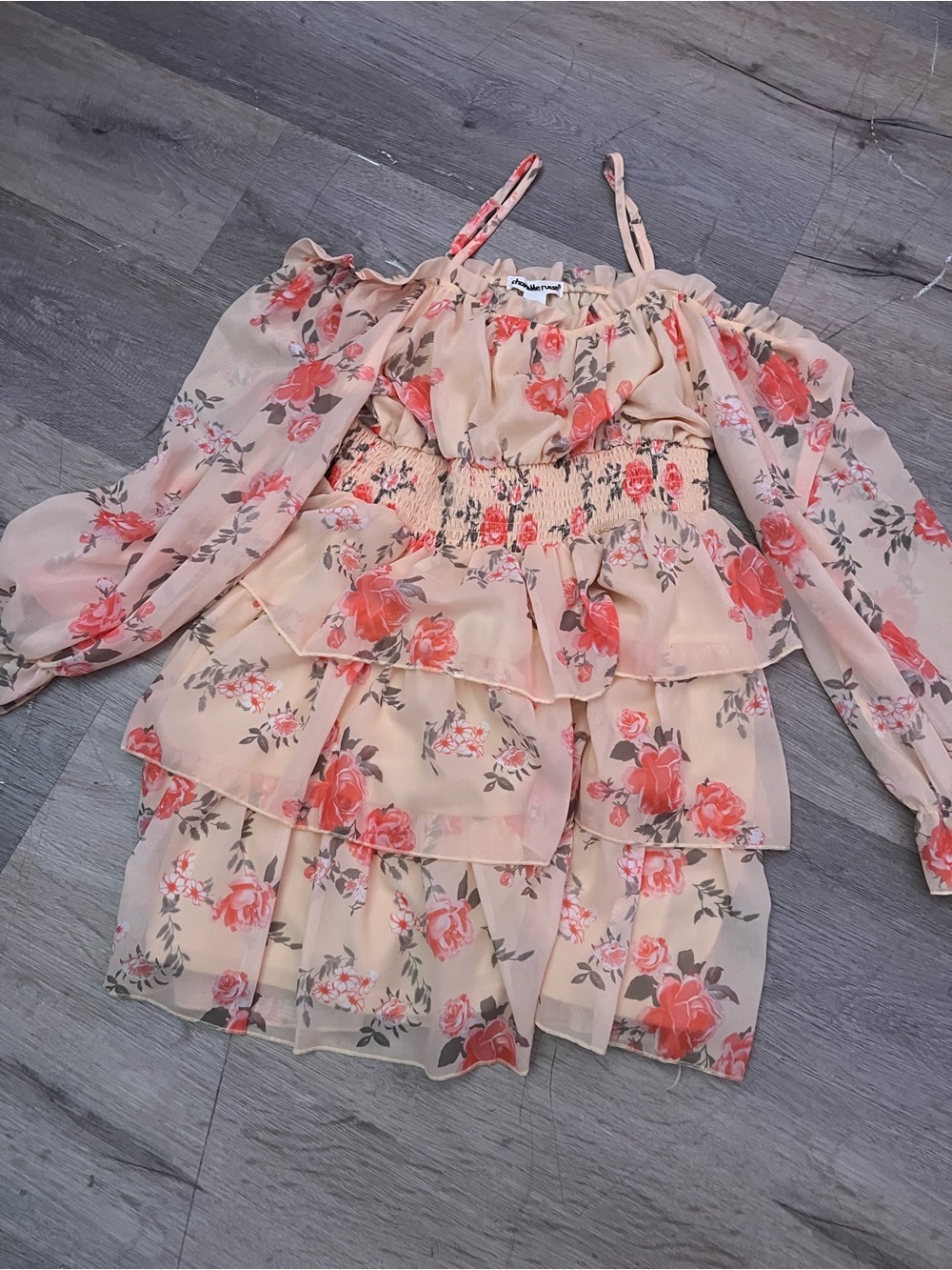 Floral Tiered Off-Shoulder Dress in Cream and Coral
